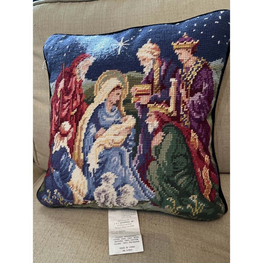 New Nativity Scene Needlepoint Pillow Christmas Decor Navy Velvet Back 13x13